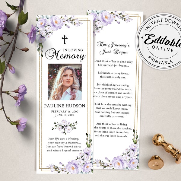 Lavender Funeral Bookmark Template, Celebration of Life Bookmark, Funeral Keepsake Cards, Memorial Card for Remembrance