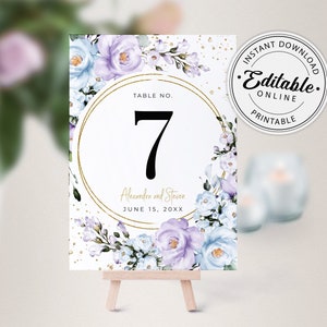 Modèle de numéros de table de mariage lavande et bleu, numéros de table floraux • TÉLÉCHARGEMENT IMMÉDIAT • Modèle modifiable, imprimable, A100