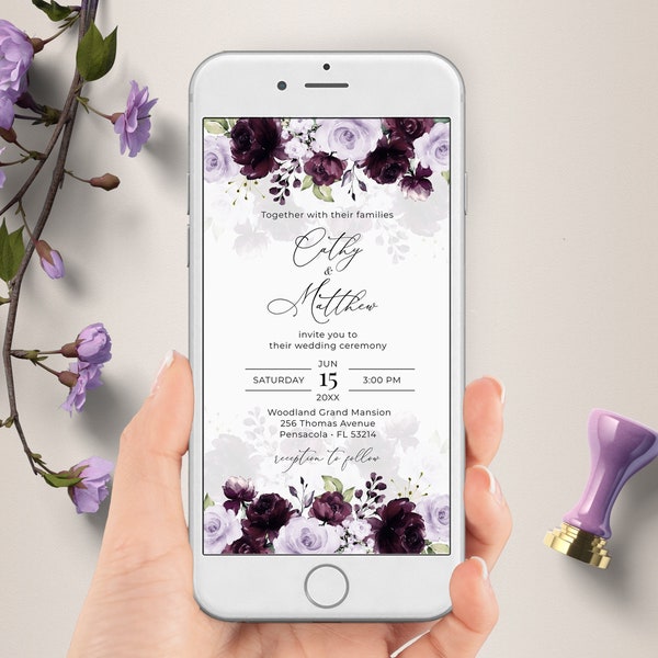 Electronic Wedding Invitation Template with Purple and Lavender Roses, Editable Wedding Invite, Evite, A124