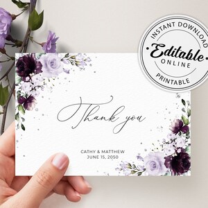 Plantilla de tarjeta de agradecimiento para boda en tonos morados y lavanda, notas de agradecimiento, tarjetas de felicitación • DESCARGA INSTANTÁNEA • Plantillas imprimibles y editables, A124