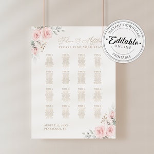 Wedding Seating Chart Template with Pale Pink Roses INSTANT DOWNLOAD Editable, Printable Template, 126 image 1