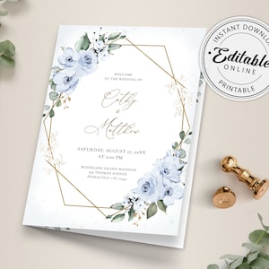 Könnte beinhalten: Eine Vorlage für ein Hochzeits-Programm mit einem goldenen geometrischen Rahmen und blauen Aquarellblumen. Der Text lautet "Willkommen zur Hochzeit von Cathy & Matthew, Samstag, 27. August 20XX um 14:00 Uhr, Woodland Grand Mansion, 116 Thomas Avenue, Pensacola, FL 33345".