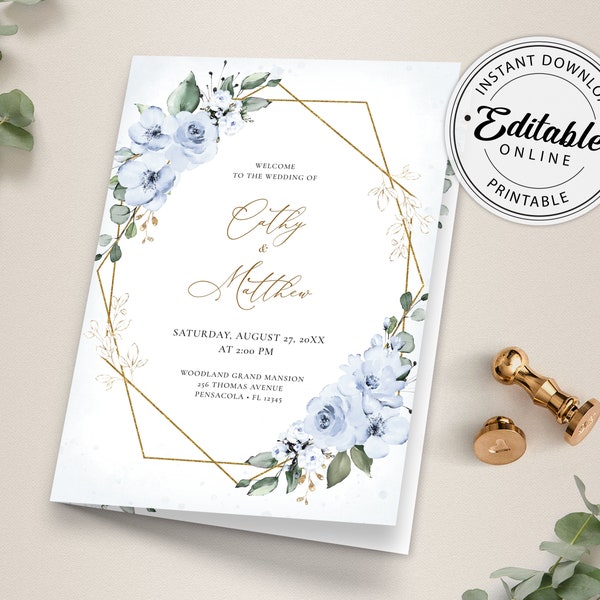 Folded Wedding Program Template with Dusty Blue Roses, Wedding Order of Service • INSTANT DOWNLOAD • Editable, Printable Template, #127