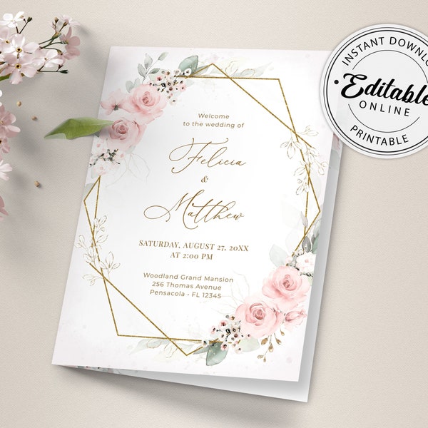 Folded Wedding Program Template with Pink Roses, Wedding Order of Service • INSTANT DOWNLOAD • Editable, Printable Template, #126