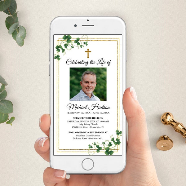 Electronic Funeral Announcement with Shamrocks, Funeral Electronic Invitation for Smartphones, Electronic Invite, Editable Evite