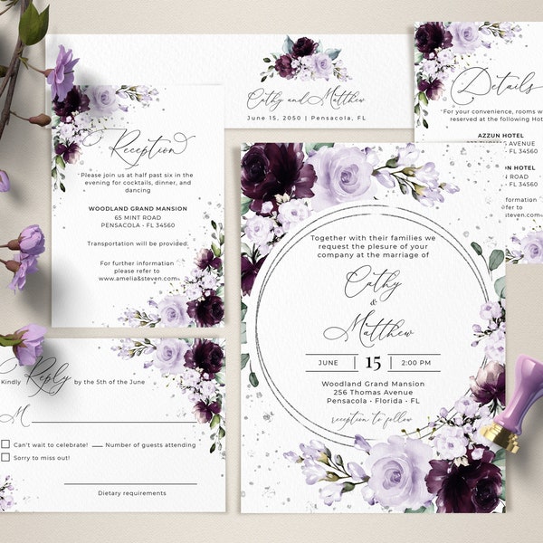 Purple Wedding Invitation Template Set, Wedding Invite with Purple and Lavender Roses • INSTANT DOWNLOAD • Editable, Printable Template A124