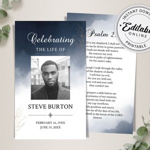 Blue Printable Funeral Prayer Card Template, Memorial Prayer Card Template, Editable, Printable Template