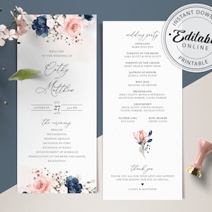 Può includere: Programma della cerimonia di matrimonio con un design floreale con fiori rosa e blu. Il programma include i nomi Cathy e Matthew, la data 27 giugno e l'ora 16:00. Il programma include anche i nomi degli invitati al matrimonio e il nome dell'ufficiante.