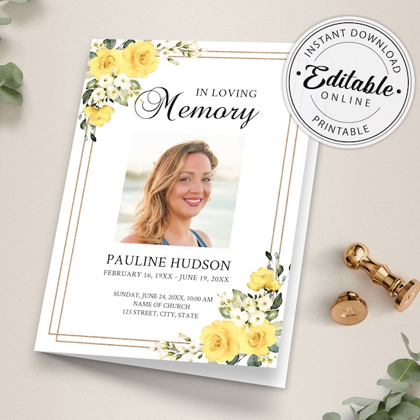 Funeral Program Template with Yellow Roses, Memorial Program Template, Order of Service • INSTANT DOWNLOAD • Editable, Printable Template