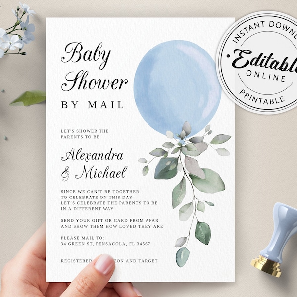 Boy Baby Shower by Mail Invitation Template, Blue Balloon Invitation, Long Distance Invite • INSTANT DOWNLOAD • Editable, Printable Template