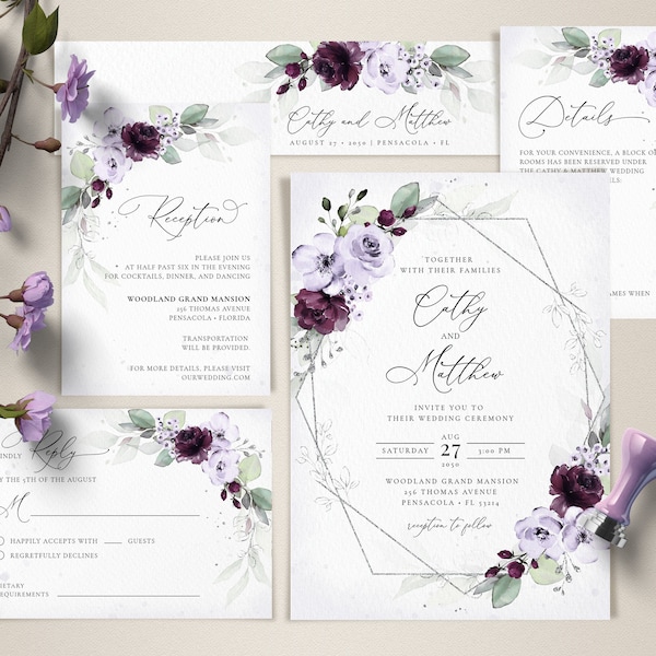 Lavender and Purple Wedding Invitation Template Set, Wedding Invite Template Suite • INSTANT DOWNLOAD • Editable, Printable Templates, A133