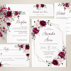 Burgundy Floral Wedding Invitation Template Set, Wedding Invite with Marsala Roses • INSTANT DOWNLOAD • Editable, Printable Template, A106