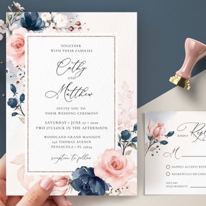 Navy Blue and Blush Pink Wedding Invitation Template, Invite and RSVP Card Template • INSTANT DOWNLOAD • Editable, Printable Template, A120