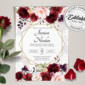 Sjabloon bruiloft uitnodiging bordeaux, bloemen marsala huwelijksuitnodiging • INSTANT DOWNLOAD • Bewerkbare, afdrukbare sjabloon, A115