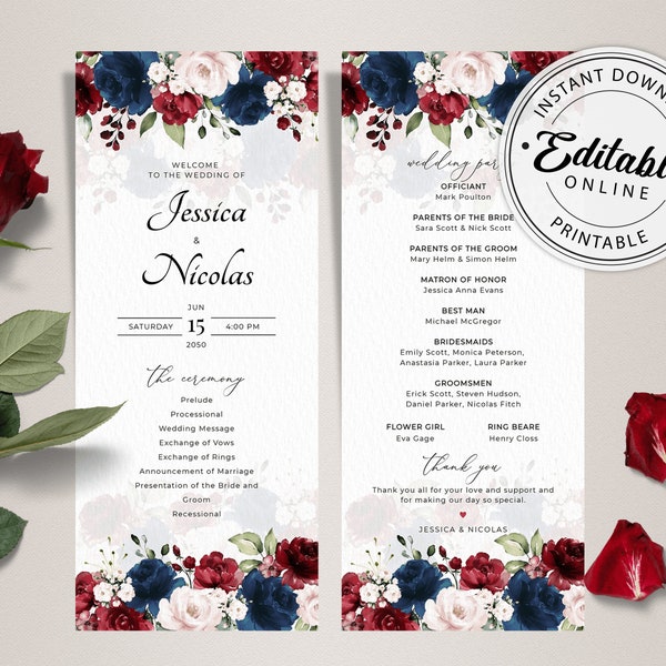 Burgundy/Navy Blue Wedding Program Template, Marsala/Navy Blue Wedding Program • INSTANT DOWNLOAD • Editable, Printable Template, A123