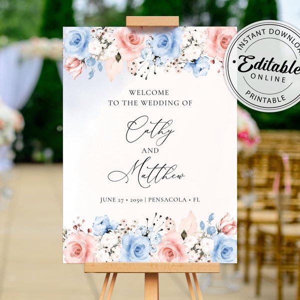 Dusty Blue and Blush Pink Wedding Welcome Sign Template • INSTANT DOWNLOAD • Editable, Printable Template, #122