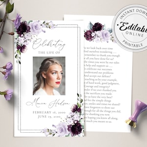 Printable Two-Sided Funeral Prayer Card Template with Purple and Lavender Roses, Editable Memorial Prayer Card Template, Instant Download