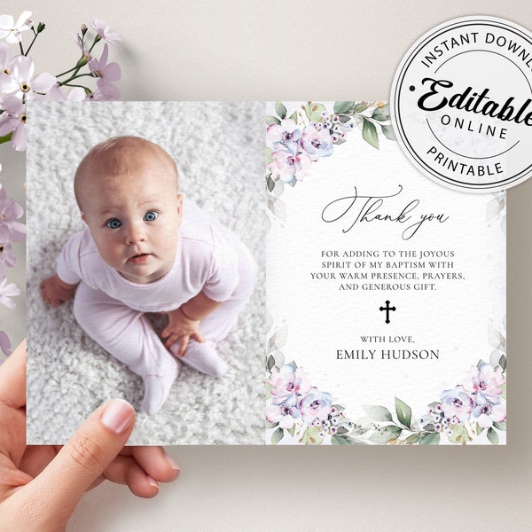 Baptism Thank you Card Template with Lavender Roses, Thank You Note Template • INSTANT DOWNLOAD • Editable, Printable Templates, #101