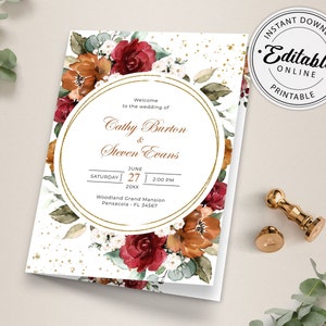 Bi-fold Wedding Program Template with Burgundy and Terracotta Roses, Order of Service • INSTANT DOWNLOAD • Editable, Printable Template