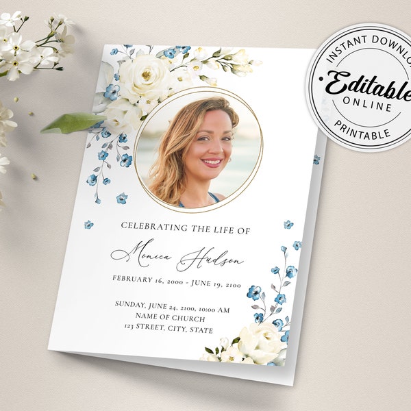 Funeral Program Template, White and Blue Memorial Program Template, Order of Service • INSTANT DOWNLOAD • Editable, Printable Template