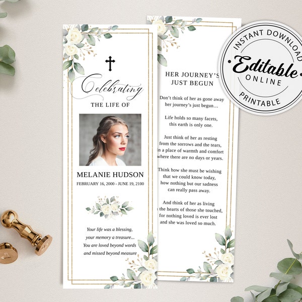 Printable Funeral Bookmark Template with White Roses, Celebration of Life Bookmark, Funeral Keepsake Cards, Memorial Card for Remembrance