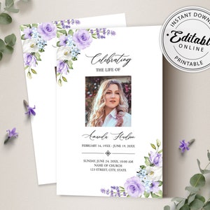 Op de afbeelding: Een afdrukbare sjabloon voor een herdenkingsdienst met een bloemenontwerp met paarse en witte bloemen. De sjabloon bevat een fotoplekhouder, ruimte voor de naam van de overledene, data en servicedetails. De tekst "Het leven vieren van" staat bovenaan de sjabloon.