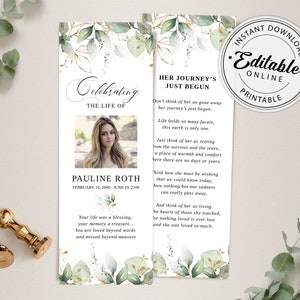 Modèle de marque-page pour funérailles de verdure, marque-page célébration de la vie, cartes souvenir funéraire, carte commémorative du souvenir