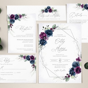 Lila und marineblaue Hochzeitseinladung Vorlagenset, Hochzeitseinladung Vorlage • SOFORTIGER DOWNLOAD • Bearbeitbare, druckbare Vorlagen, A131