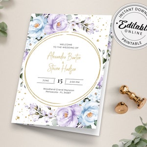 Lavender and Blue Bi-fold Wedding Program Template, Floral Wedding Brochure Template • INSTANT DOWNLOAD • Editable, Printable Template, A100