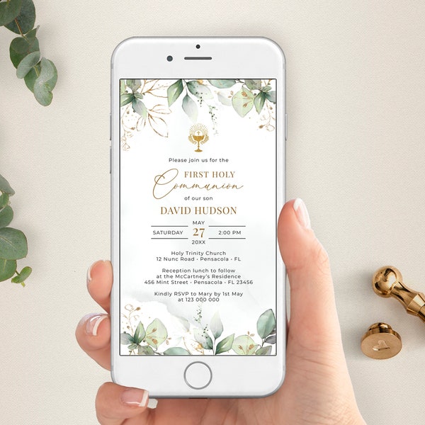 Electronic Greenery First Holy Communion Invite Template, Smartphone Invitation, Evite, A112