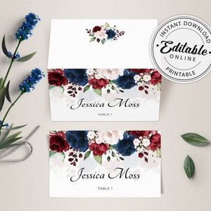 Modello per segnaposto blu navy e bordeaux, segnaposto piatti e piegati a tenda • DOWNLOAD IMMEDIATO • Modello modificabile e stampabile, A123