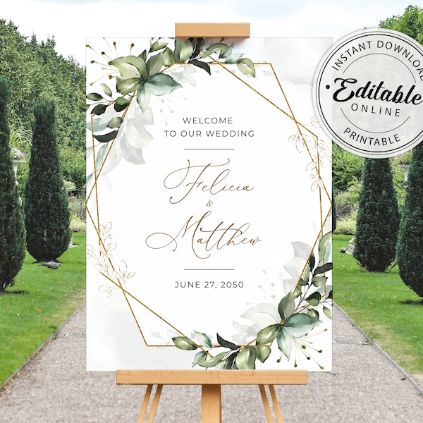 Boho Greenery Wedding Welcome Sign Template • INSTANT DOWNLOAD • Editable, Printable Template, A105