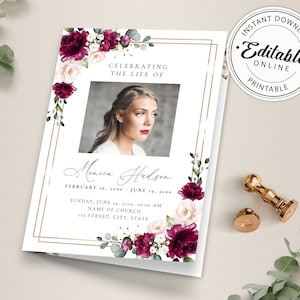 Editable Funeral Program Template with Burgundy Roses, Floral Memorial Program Template, Printable Funeral Program, Obituary Program