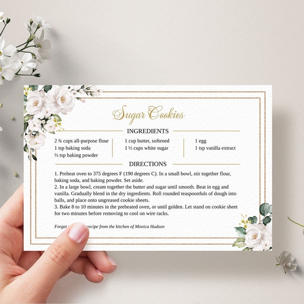 Recipe card template with White Roses • INSTANT DOWNLOAD • Printable, Editable Template