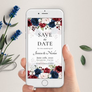 Burgundy and Navy Blue Electronic Save the Date Template, Save the Date Announcement, Evite, A123