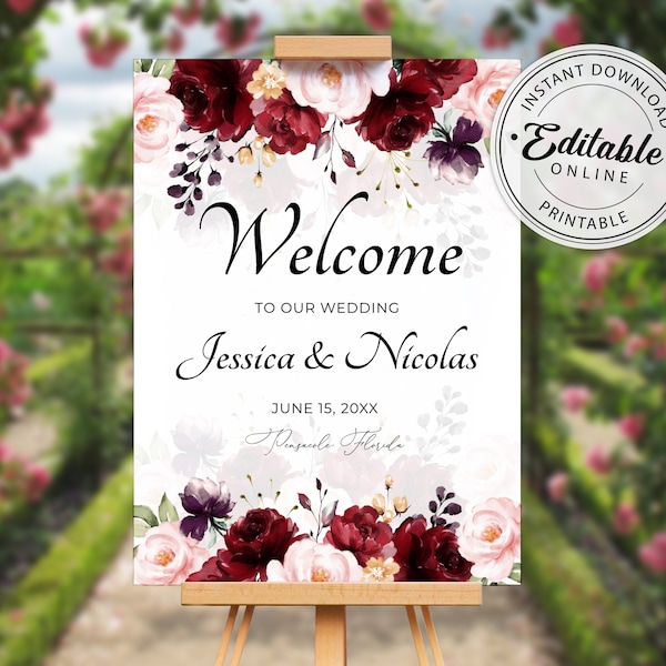 Burgundy Wedding Welcome Sign Template, Floral Marsala Wedding Welcome Sign Template • INSTANT DOWNLOAD • Editable, Printable Template, A115