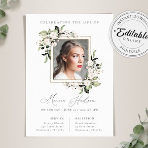 Funeral Announcement Card Template, Funeral Invitation Template, Editable, Printable Memorial Service/Reception Card Template