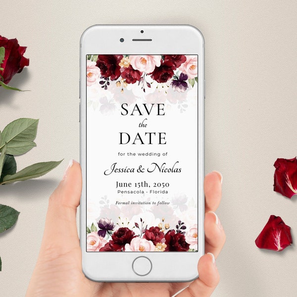 Electronic Save the Date Template, Burgundy Save the Date Announcement, Evite, A115