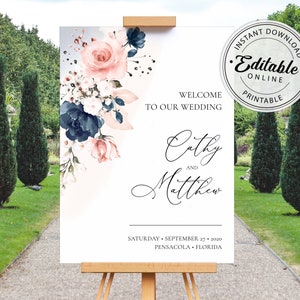 Navy Blue and Blush Pink Welcome Sign Template • INSTANT DOWNLOAD • Editable, Printable Template, A120
