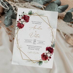 Burgunderrote Hochzeitseinladung + Antwortkarten Vorlage, Vorlagen für Hochzeitseinladungen • SOFORTIGER DOWNLOAD • Bearbeitbare, druckbare Vorlage, #141