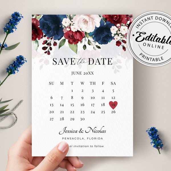 Burgundy and Navy Blue  Calendar Wedding Save the Date Template • INSTANT DOWNLOAD • Editable, Printable Template, A123