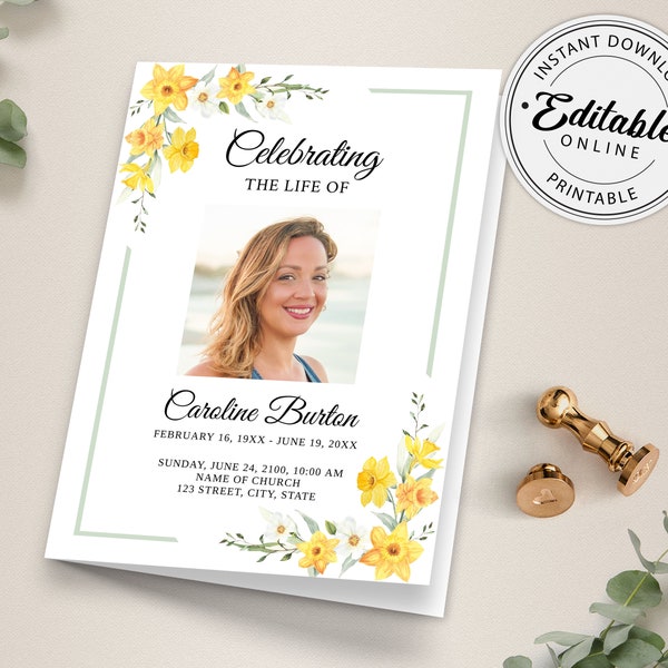 Funeral Program Template with Daffodils, Memorial Program Template, Order of Service • INSTANT DOWNLOAD • Editable, Printable Template