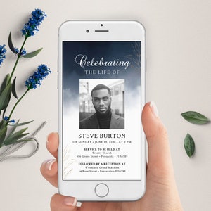 Faire-part électronique pour les funérailles, Faire-part électronique pour les funérailles pour smartphones, Faire-part électronique pour une célébration de la vie, Invitation modifiable