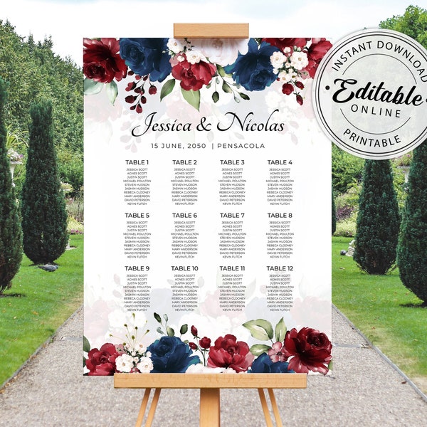 Burgundy and Navy Blue Wedding Seating Chart Template, Wedding Seating Plan Template • INSTANT DOWNLOAD • Editable, Printable Template, A123