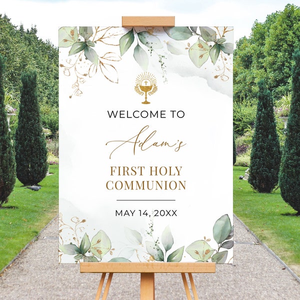 Greenery First Holy Communion Welcome Sign Template • INSTANT DOWNLOAD • Editable, Printable Template, A112