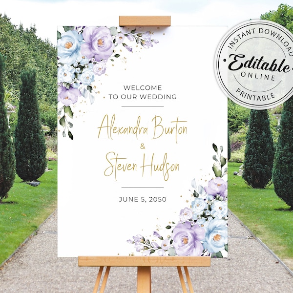 Wedding Welcome Sign Template with Lavender and Blue Roses • INSTANT DOWNLOAD • Editable, Printable Template, A100