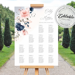 Sjabloon marineblauw en blosroze tabel met zitplaatsen • INSTANT DOWNLOAD • Bewerkbare, afdrukbare sjabloon, A120