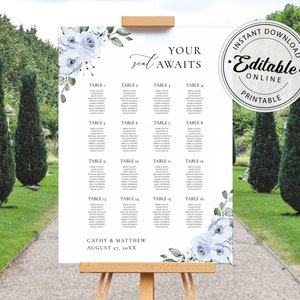 Stoffige blauwe bruiloft zitplaatsen grafieksjabloon, bloemen plattegrond sjabloon • INSTANT DOWNLOAD • Bewerkbare, afdrukbare sjabloon, #127