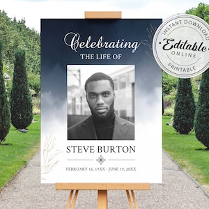 Navy Blue Funeral Welcome Sign Template, Celebration of Life Sign Template, Instant Download, Editable, Printable Template