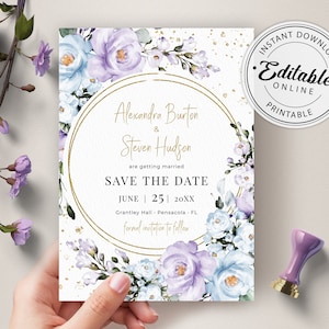 Plantilla para guardar la fecha en tonos lavanda y azul, plantilla floral para guardar la fecha • DESCARGA INSTANTÁNEA • Plantilla editable e imprimible, tamaño A100